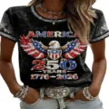 Women USA 250th Anniversary Rhinestone Eagle Print Short Sleeve Casual Black T-Shirt - ML2655936-33 / 3XL