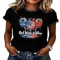 Women's Round Neck Short Sleeve T-Shirt Casual Patriotic Wine Graphic Tee Black Top - ML2655936-40 / 3XL