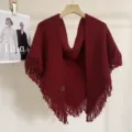 Knitted fringe triangle shawl for women, cozy solid color winter warm knitted scarf wrap. - Ancorra Red