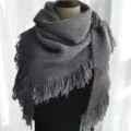 Women grey knitted fringe triangular shawl warm winter solid color outerwear scarf - Dark Gray
