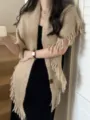 Cozy knitted tassel triangle shawl for women, stylish solid color winter warm outer scarf. - Light Coffee