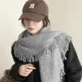 Autumn winter women grey knitted fringe scarf warm solid color thick shawl cold weather item - Light Gray