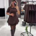 Brown short sleeve rhinestone slim fit dress with tulle hem elegant women apparel stylish wear - S / Coffee