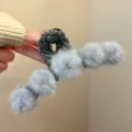 Plush hair claw clip with fluffy grey faux fur pom poms, elegant autumn winter hair accessory for women. - L / Gray