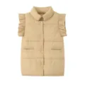 Details of women's beige puffer vest with chic ruffle sleeves, stand collar and snap buttons. - XS / Khaki