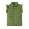 Women winter green ruffle sleeveless stand collar padded vest casual warm outerwear top - XS / Army Green