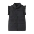 Black puffer vest detail showing ruffle sleeves, stand collar, and snap button closure. - XS / Black