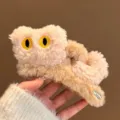 Graziosa molletta per capelli in peluche con occhi ricamati, fermaglio soffice donna - Kaki