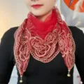 Red embroidered sheer triangle scarf for women, elegant lightweight floral mesh neck wrap. - 80x80cm / Red - Magnetic Buckle Embroidered Square Scarf