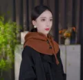 Knit hooded scarf detachable hood winter warm brown pull cord fashion women accessory - Coffee