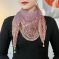 Close-up detail of women sheer embroidered triangle scarf with tassel pendant, elegant light purple. - 80x80cm / Light Purple - Magnetic Buckle Embroidered Square Scarf