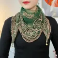 Green sheer embroidered triangle scarf with metal tassels, stylish sun protection wrap for women. - 80x80cm / Green - Magnetic Buckle Embroidered Square Scarf