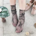 Women Black Lace Mesh Socks Sheer Hollow Out Short Mid-Calf Fishnet Socks Sweet Style - Black
