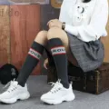 Japanese style knee high socks for women, grey cotton long socks with red stripes and letters. - One Size / Dark Gray (Letter Embroidery)
