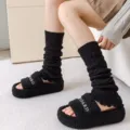 Black knitted leg warmers and plush slippers set, thick warm winter Y2K fashion footwear. - One Size (40cm) / Black