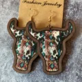 Boucles d'oreilles tête de taureau en bois vintage style bohème pendantes pour femmes - Imprimé Géométrique Ethnique (1)
