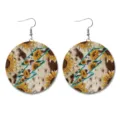 Detailed close-up of western vintage cowhide and sunflower round leather earrings. - Sunflower Lightning Round Style