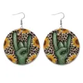 Western retro style round leather earrings featuring cactus rock hand sign, sunflower and leopard print. - Cactus Leopard Round Style