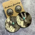 Western vintage genuine leather earrings bohemian cowhide cactus detail jewelry accessory - Style 3