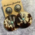 Western vintage genuine leather cowhide earrings with cactus turquoise details for women boho style - Style 4