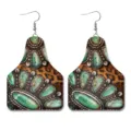 Westerse vintage stijl lederen oorbellen met koeienetiket vorm en turquoise print. - Turquoise Luipaard Koeienlabel Stijl