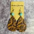 Boucles d'oreilles pendantes longues en cuir turquoise vintage style bohème western bijoux - Cuir Gaufré Marron Foncé (2)
