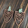 Boucles d'oreilles en bois creux vintage bohème cuir épissé déclaration pendantes bijoux - Style Goutte d'eau Patchwork Bleu-Vert (5)