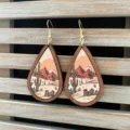 Detailed close-up shot of vintage western wooden teardrop earrings with desert cactus print. - Desert Cactus Style (2)