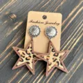 Western style leopard print star leather earrings with silver metal flower drop design detail. - Leopard Print (1)