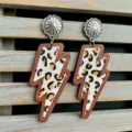 Western style lightning shape earrings with leopard print genuine leather and wood frame details. - Thick Leopard Print (2)
