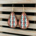 Detailed view of Southwestern Aztec teardrop wooden earrings with bull skull pattern and hooks. - Retro Aztec Style (4)