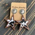Western style cowhide star wooden earrings with vintage silver concho for women fashion jewelry. - Cow Print (2)