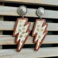 Detailed view of western vintage lightning bolt earrings with wooden frame and cheetah print. - Gold Leopard (3)