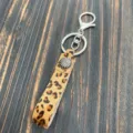 Leopard print cowhide leather keychain metal ring bag charm western style accessory - Retro Button Style (4)