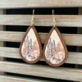 Detailed close-up of western retro wooden teardrop earrings with cowgirl and cactus print. - Cowboy Cactus Style (5)