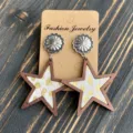 Western cowboy pentagram genuine leather wooden star earrings with fashion metal stud design. - Geometric Style (3)