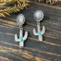 Western vintage silver metal earrings featuring sunflower studs and turquoise cactus pendants. - Sunflower Cactus Style