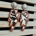 Western cow print lightning dangle earrings with wooden frame and silver flower stud jewelry - Black White Cow Hair (4)