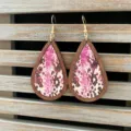 Vintage wooden teardrop earrings with pink cow print pattern, stylish western jewelry for women. - Leopard Print Style (6)
