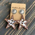 Western cowboy style wooden star earrings with leopard print leather inlay, fashion jewelry. - Leopard Wood Style (4)
