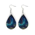 Blue wave wooden teardrop earrings, bohemian lightweight marble print dangle jewelry for summer. - Blue Gold Wave (4)
