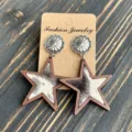 Orecchini a stella in legno intarsiato con pelle di mucca stile western gioielli moda - Stile Stampa Muccata Retrò (6)