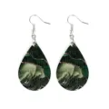 Bohemian teardrop wooden earrings with dark green marble pattern and gold foil lines for summer fashion. - Green Gold Vein Marble (6)
