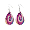 Detail view of lightweight wooden teardrop earrings with colorful bohemian tie-dye swirl design. - Colorful Spiral Swirl (8)