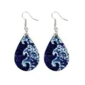 Detailed close-up of lightweight teardrop wooden earrings featuring blue tie-dye print. - Dark Blue Tie-dye Wave (9)