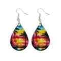 Close-up of tropical sunset wooden teardrop earrings with colorful palm tree art and hooks. - Sunset Beach Palm (10)