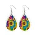 Close-up detail of lightweight wooden teardrop earrings with vibrant colorful sunflower print design. - Sunflower Print (14)