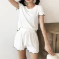 Summer thin lettuce edge short sleeve shorts ice silk ribbed casual loungewear pajama set - One Size (40-57kg) / Top And Bottom / White