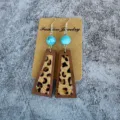 Vintage turquoise leopard leather earrings detail showing wooden geometric drop design. - Leopard Fur Turquoise Patchwork Style(4)