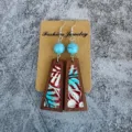 Vintage wood dangle earrings with turquoise beads and tooled floral leather inlay for women. - Blue White Red Floral Pattern Style(7)